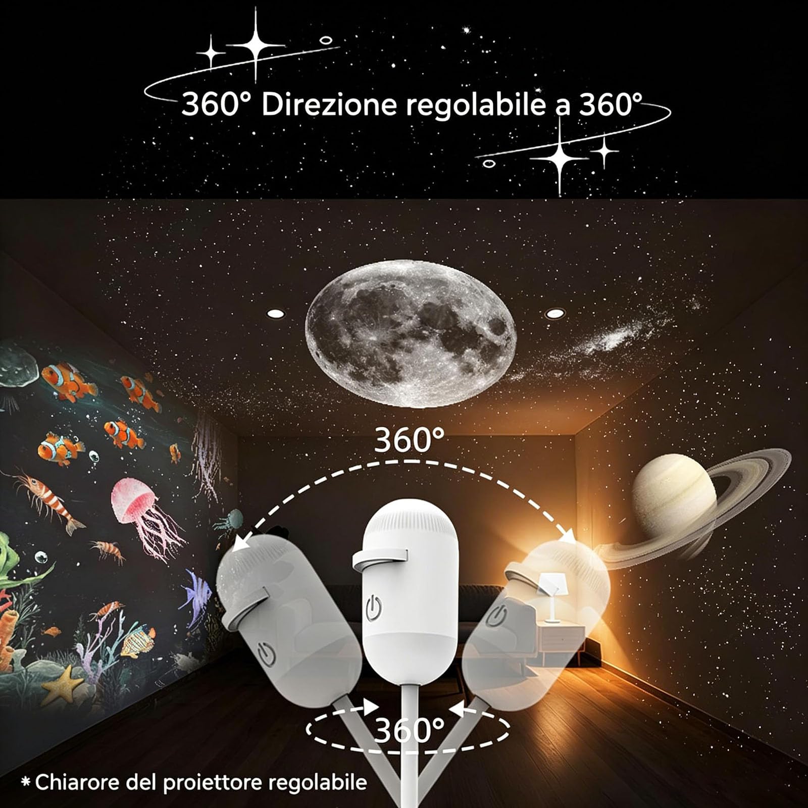Adius Proiettore di Luce Notturna 2 in 1, Proiettore Portatile Multifunzionale per Cielo Stellato, Rotazione a 360°, Luminosità Regolabile, per Auto, Camera da Letto, Decorazione (24pcs)