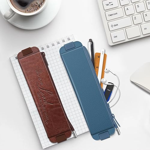 Miniatura 7 de FINPAC Paquete de 2 estuches elásticos para lápices, portalápices de cuero, bolsa con cremallera para lápices, marcadores, bolsa para bolígrafos con