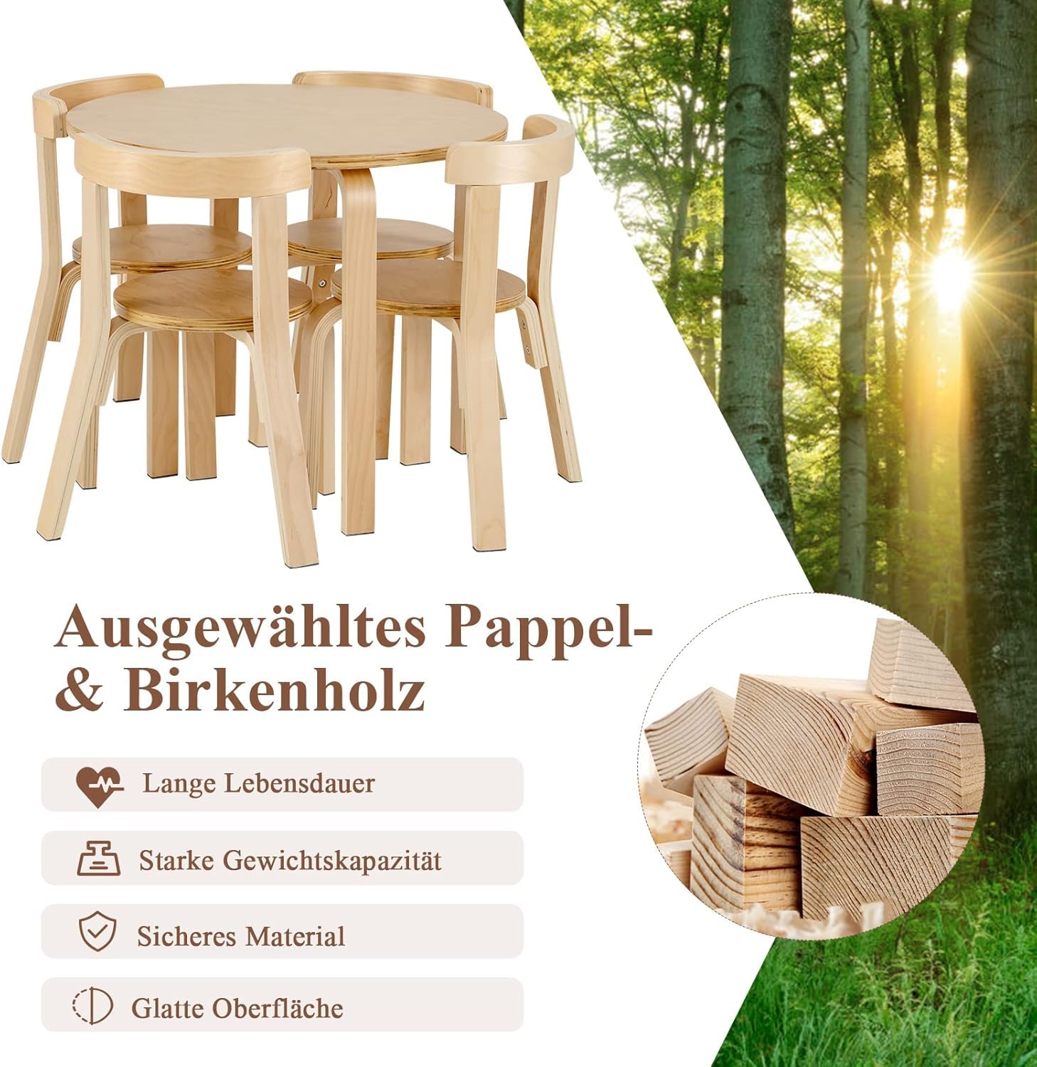 DREAMADE Kindertisch mit 4 Stühlen, Kindersitzgruppe aus Massivholz, Kinder Tisch Stuhl Set, Kindermöbel Set, Sitzgruppe für Kinder Mädchen und Jungen (Natur)