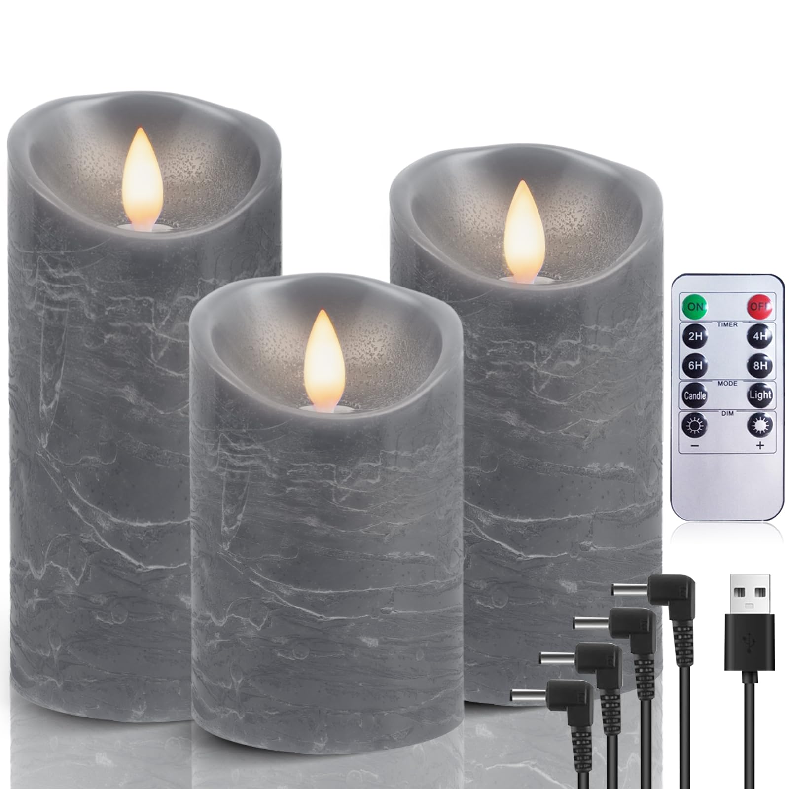 AiiBowy LED Candles Rechargeable USB [Set of 3] - with Remote Control, Flickering, Timer, Flameless - LED Candles for Halloween Christmas Wedding Birthday Party Decorations (Grey)