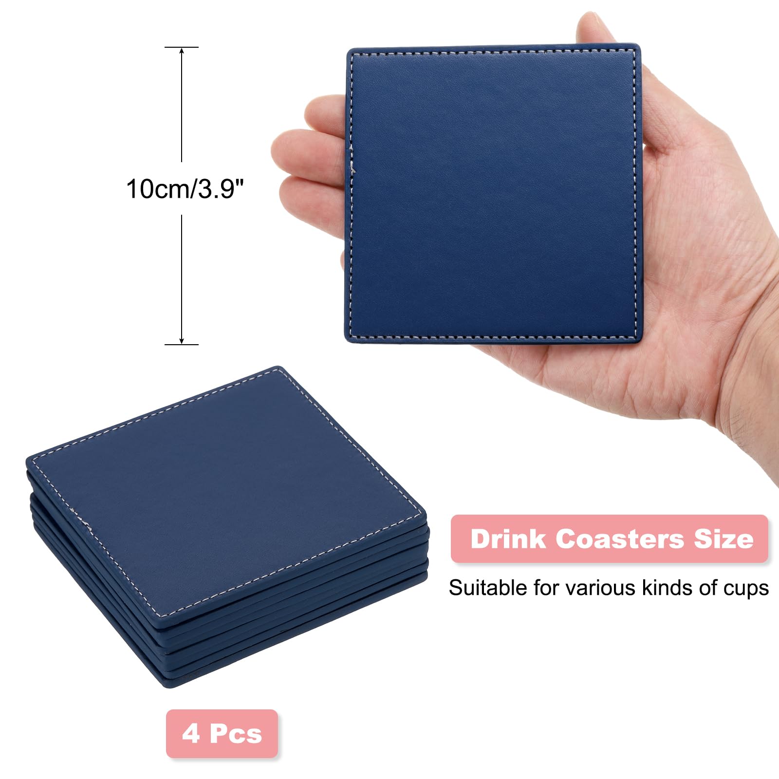 uxcell Square Drink Coasters Set of 4 White Stitched Dual Sided Non-Slip Non-Stick Waterproof Leather Coasters for Drinks Coffee Table - Image 2