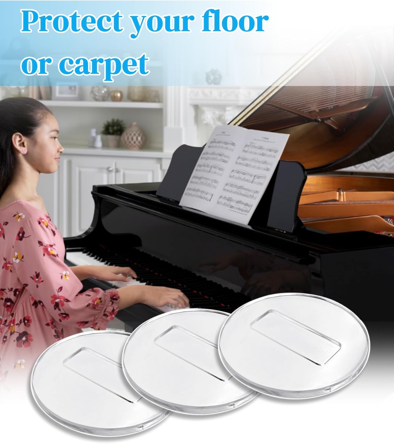 4" Clear Piano Caster Cups(with Dust Cloth) Fits for Grand Piano and Baby Grand Piano,Piano Caster Piano Leg Floor Protectors Fits for Hardwood Floor and Carpet,Set of 3