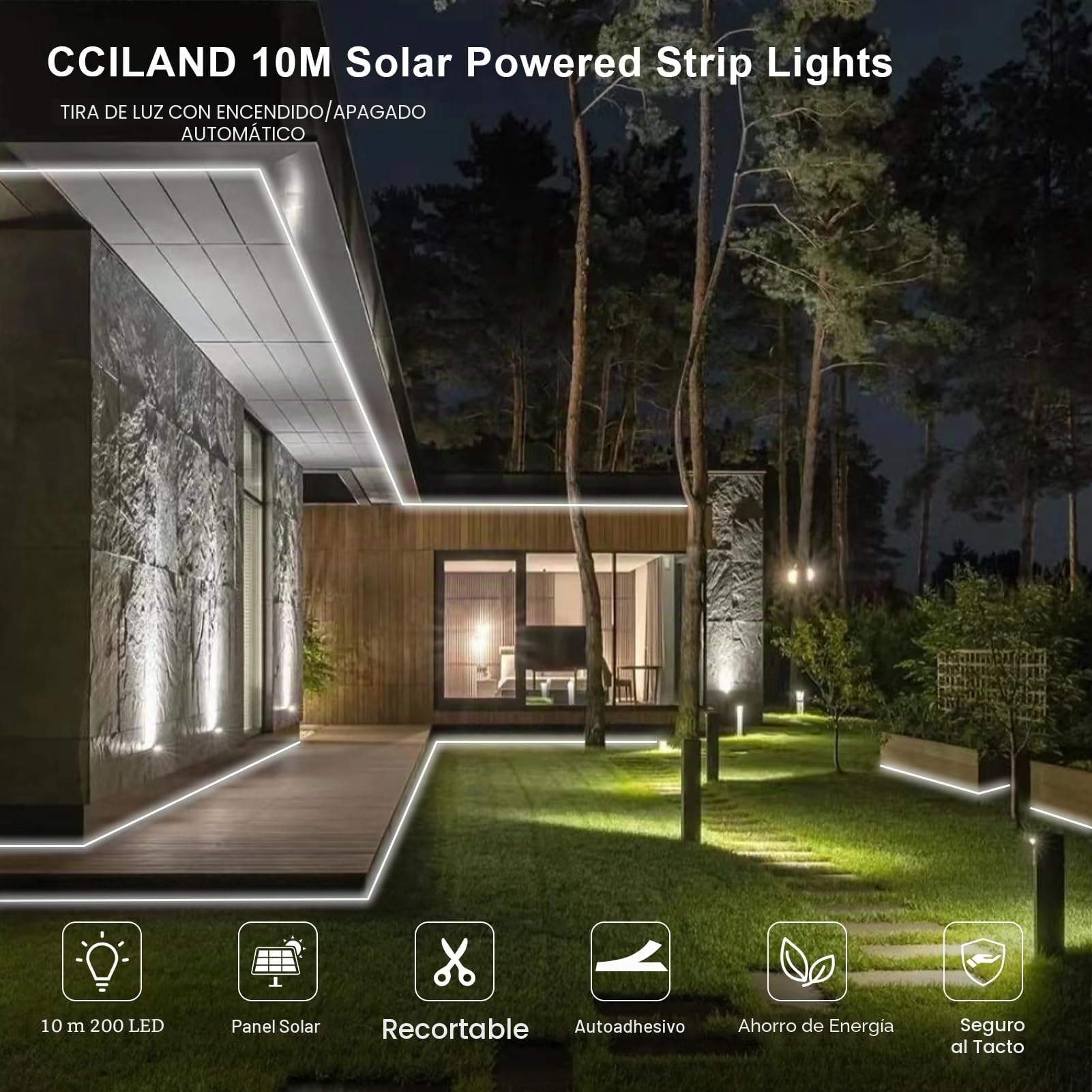 CCILAND Tira de luces LED solares para exteriores, tira luminosa impermeable IP68 con 8 modos, mando a distancia, flexible, tira de manga para jardín, terraza, patio, cenador, color blanco frío
