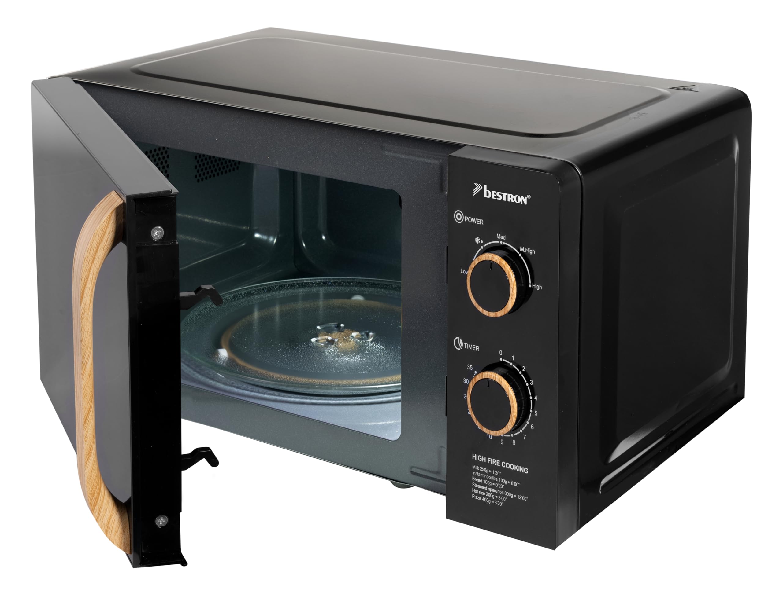 Bestron Four à micro-ondes, 700 W, panneau de commande en deux parties avec 5 niveaux et 35 min. minuterie, réglable en continu, avec plateau tournant de 25,5 cm pour toutes les tailles courantes
