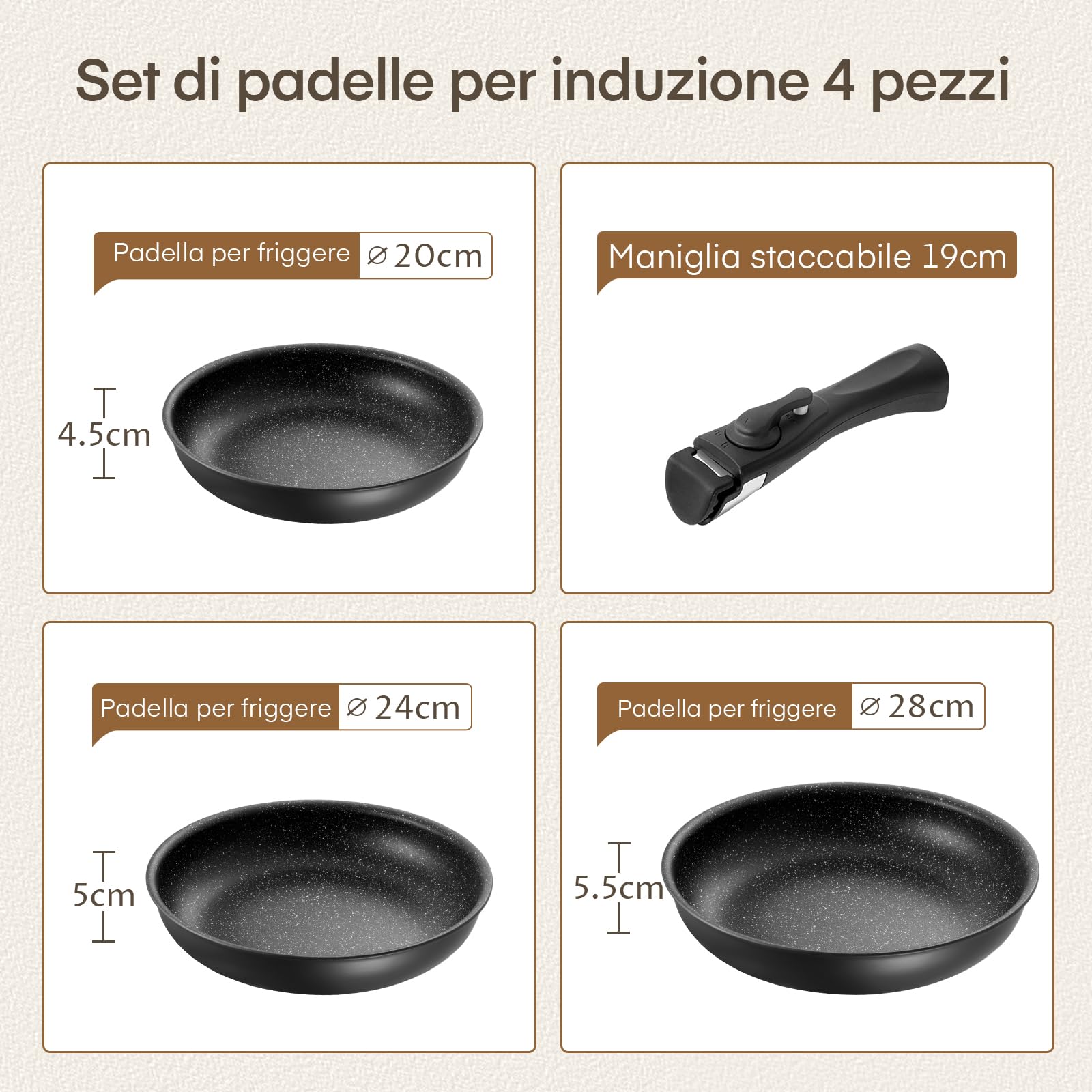Fadware Set di Padelle Antiaderenti in Ceramica, Padella Antiaderente con Manico Removibile, Padelle Induzione per Camper e Cucina Piccola, Impilabili, Adatto per il forno, Senza PFAS, 20 + 24 + 28 cm
