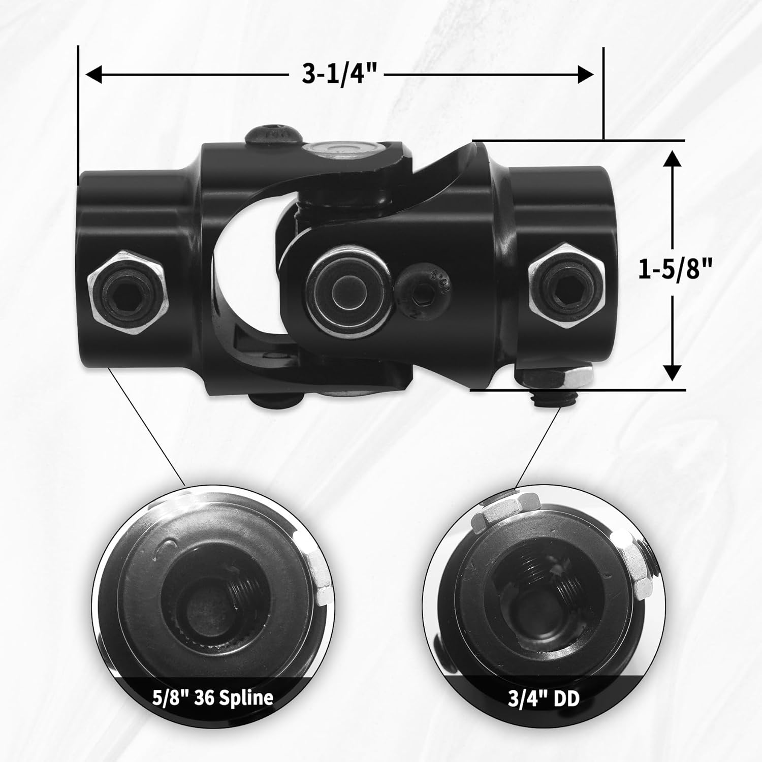 5/8"-36 Spline X 3/4" DD Black Steering Universal Joint Single U Joint Shaft, Total Length: 83mm (3-1/4")