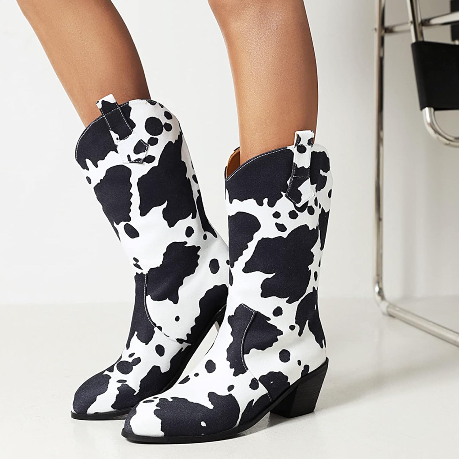 Cozivwaiy Women Mid Calf Cowboy Boots Chunky Heel Half Boot Cow Print Western Boots Plus size (US 4-12.5)
