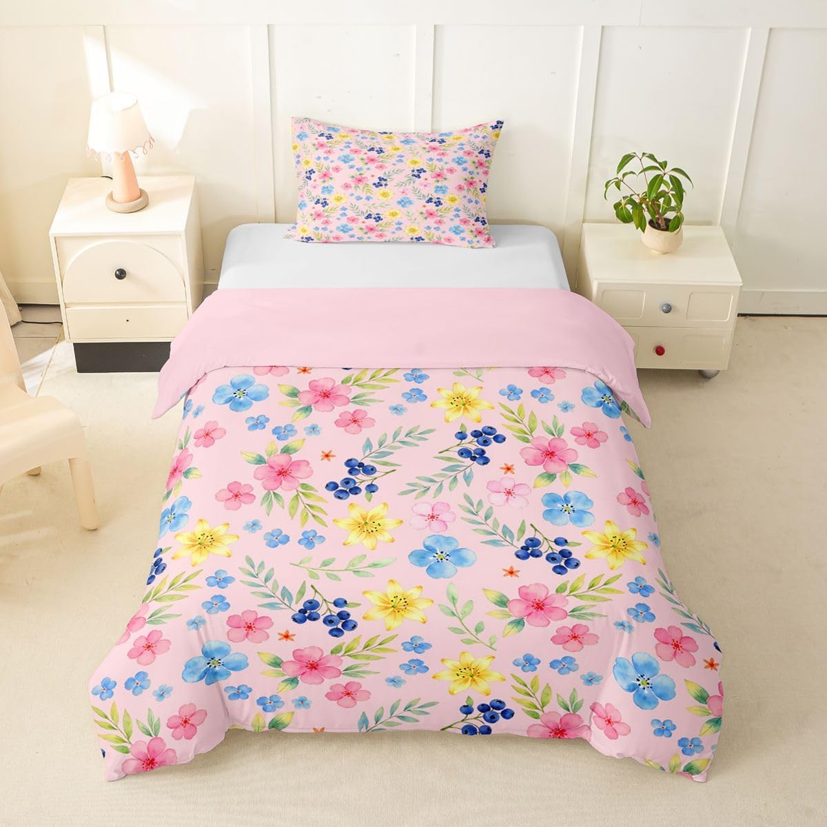 Erosebridal Daisy Butterfly Duvet Cover Toddler Size | Watercolors Bedding Set for Kids Boys Girls Princess Cute Butterflies Comforter Cover Girly Flower Bedclothes