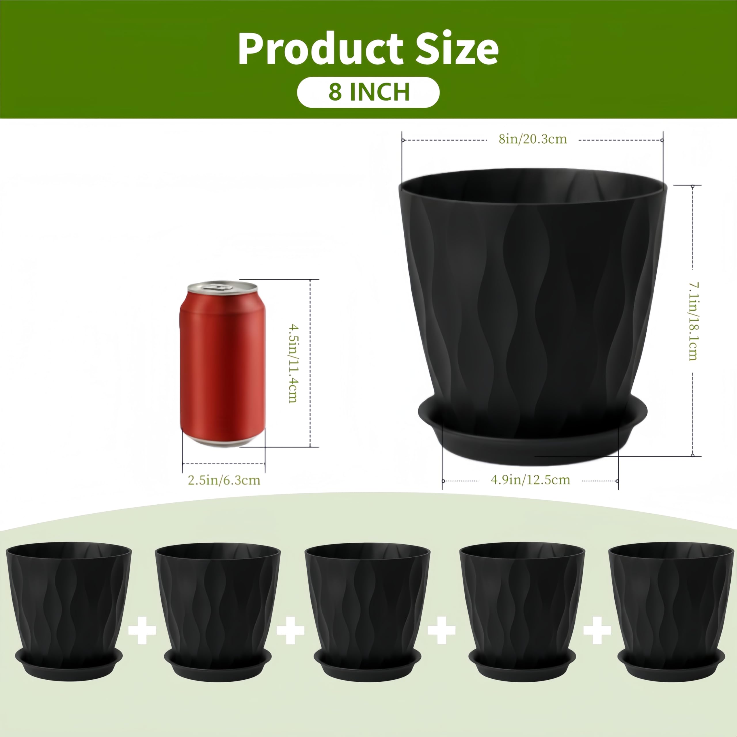 Macetas de 8 pulgadas, paquete de 6 macetas de plástico para plantas de interior y exterior, macetas con agujeros de drenaje y platillo, maceta de jardín para plantas (color negro)