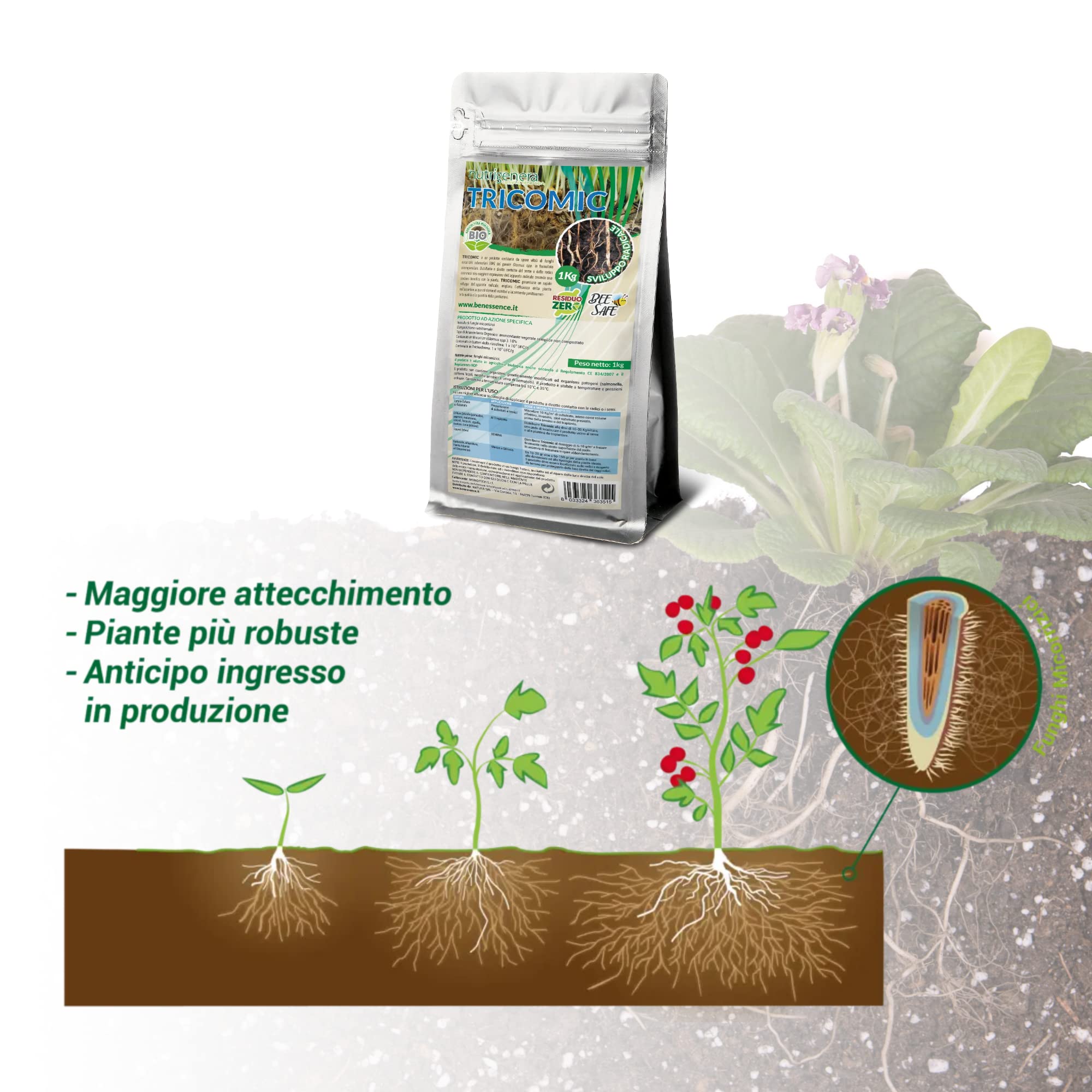 Nutrigenera - Tricomic Bio – Inoculo di funghi micorrizici, Beauveria bassiana, Metarhizium – Stimola l’espansione radicale – 1 Kg