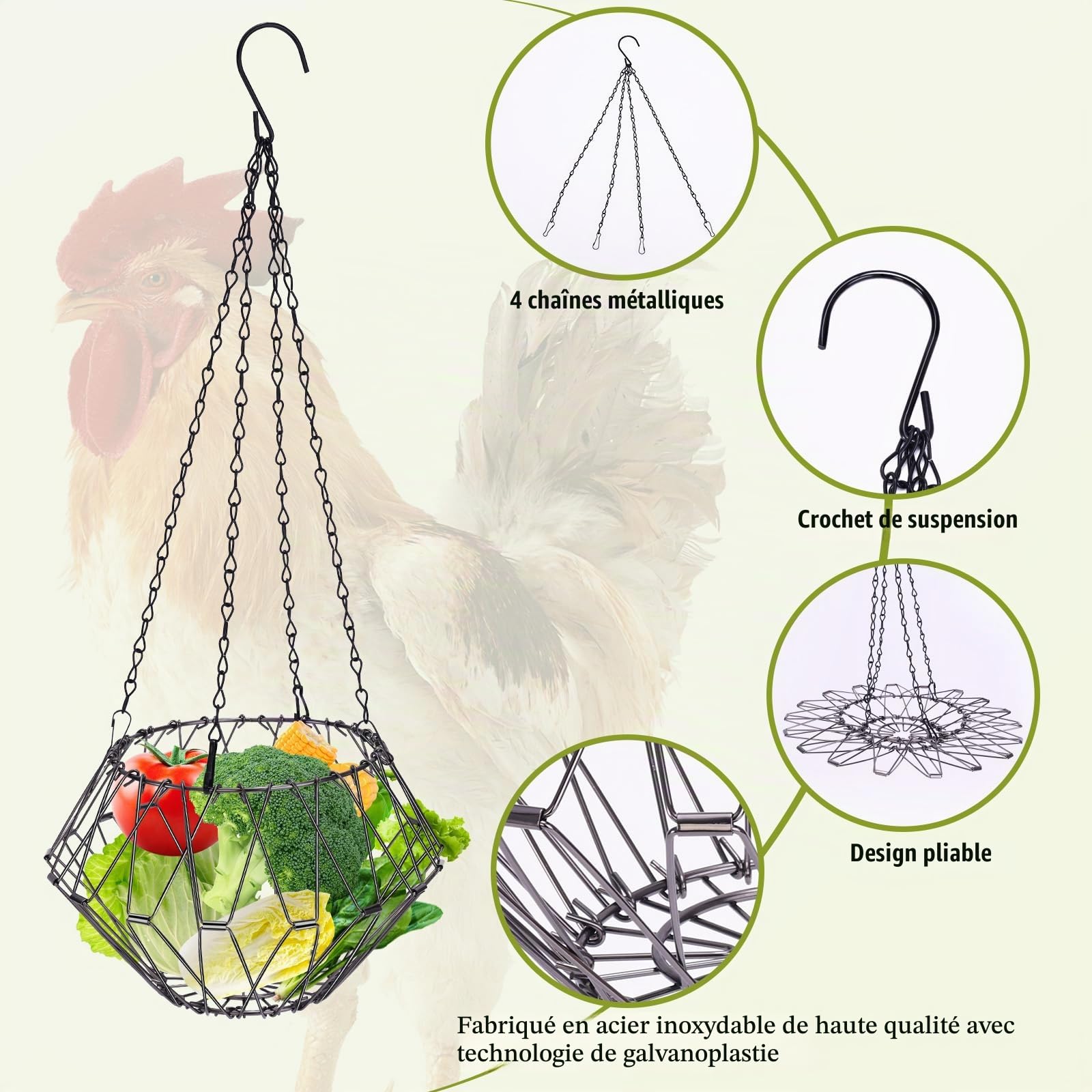 Mangeoires à Poulet, Distributeurs de Nourriture Volailles à Suspendre pour Fruits, Légumes, Panier d'alimentation Pliable pour Canard, Oie, Oiseau, Lapins