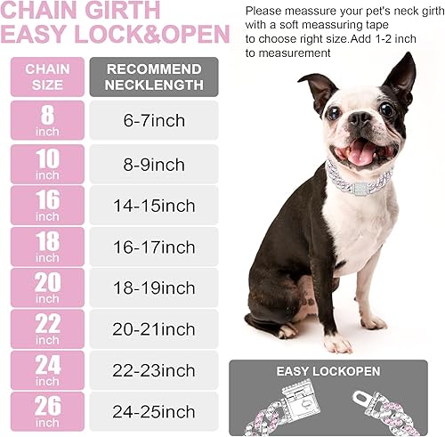 Miniatura 2 de Collar de perro de diamante rosa chapado en plata, cadena de metal de estilo cubano con hebilla segura, collar duradero de lujo para perros y