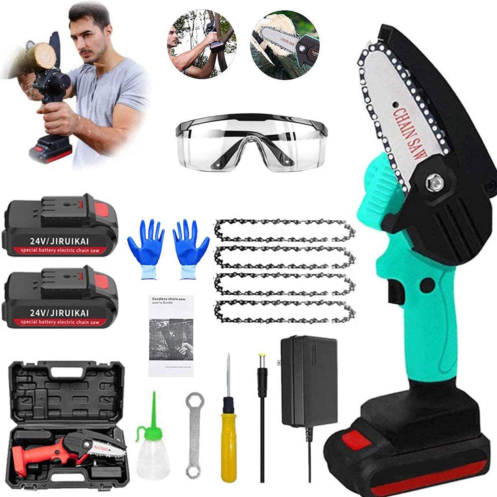 Mini Motosierra, Motosierra de Litio Recargable para Cortar Madera, Mini Motosierra eléctrica portátil de 24 V de 4 Pulgadas, Motosierra inalámbrica de Mano con 2 baterías y Cargador (Verde)