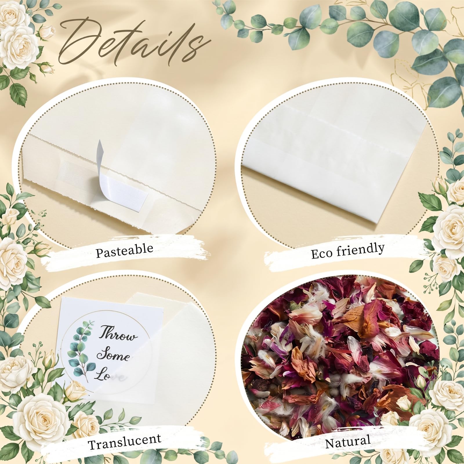 Tenare 100 Sets de Confettis de Mariage pour 95-100 Invités, Comprenant Pétales de Rose Séchés Naturels Sacs de Confettis en Verre et Autocollants Pelle en Bois et Boîte de Présentation (Élégant)