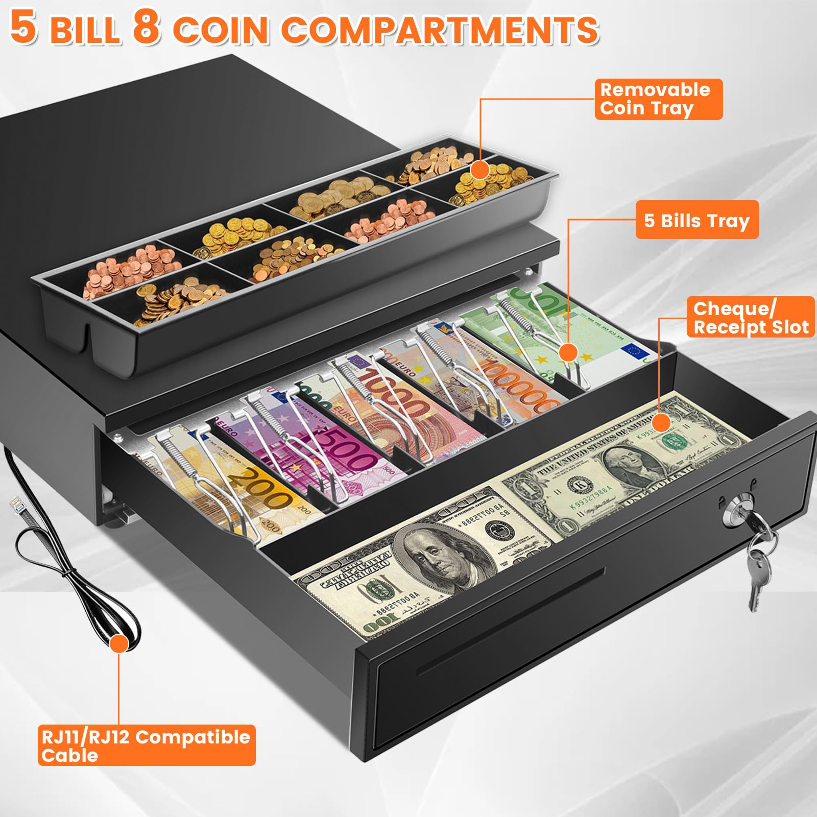 Cajón registrador, caja de efectivo portátil POS con 8 bandejas para billetes y ranuras ajustables para monedas, caja de seguridad para sistema de punto de venta (POS) para pequeñas empresas