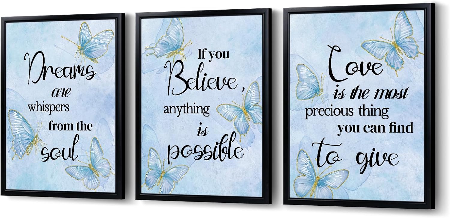 Blue Butterfly Canvas Wall Art With Black Framed Motivational Quote Wall Art Butterflies Pictures Painting Print Wall Decor for Living Room Bedroom Bathroom 12‘’x16''x3 Inch