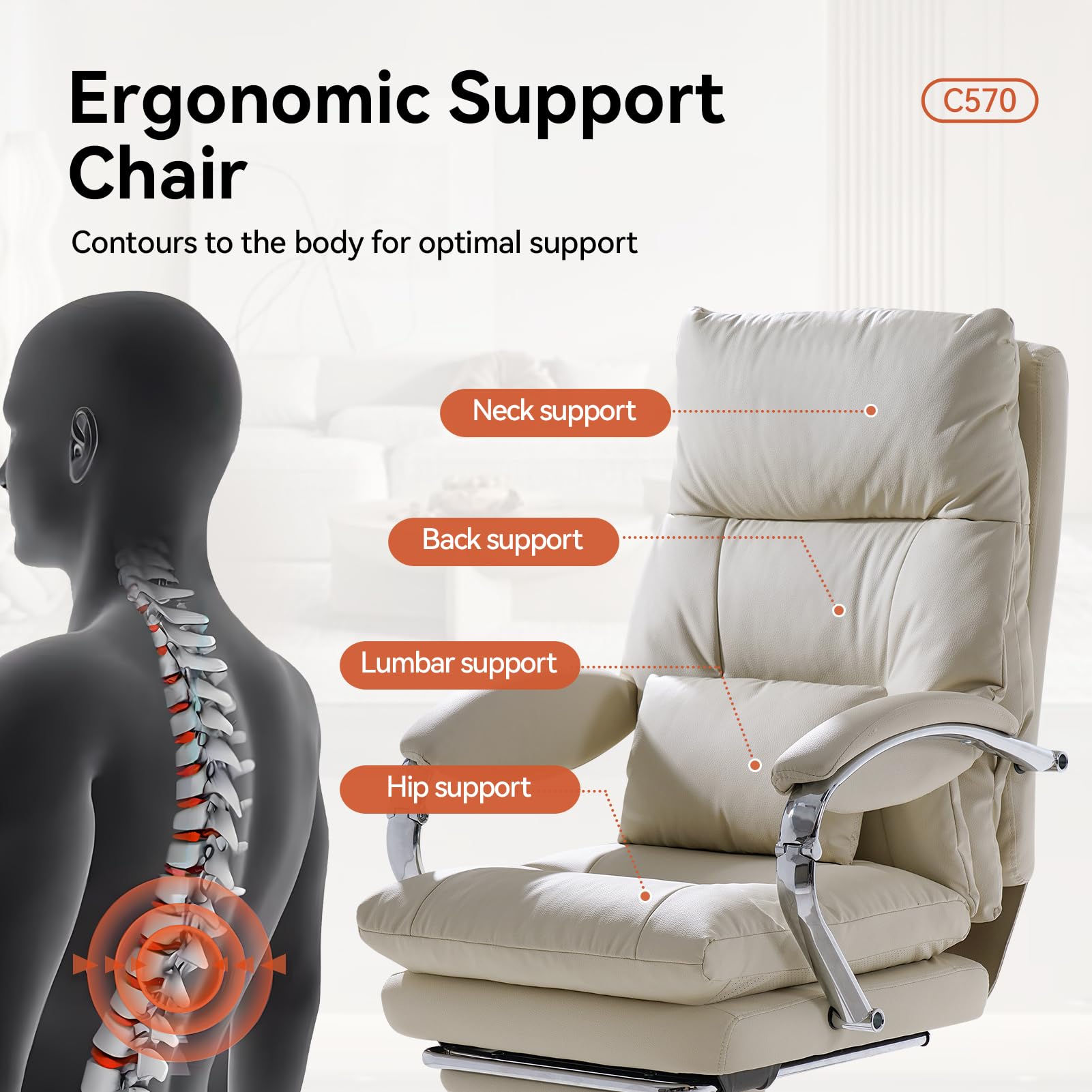 EMIAH Chaise de Bureau avec Repose-Pieds, Inclinable avec roulettes, Beige