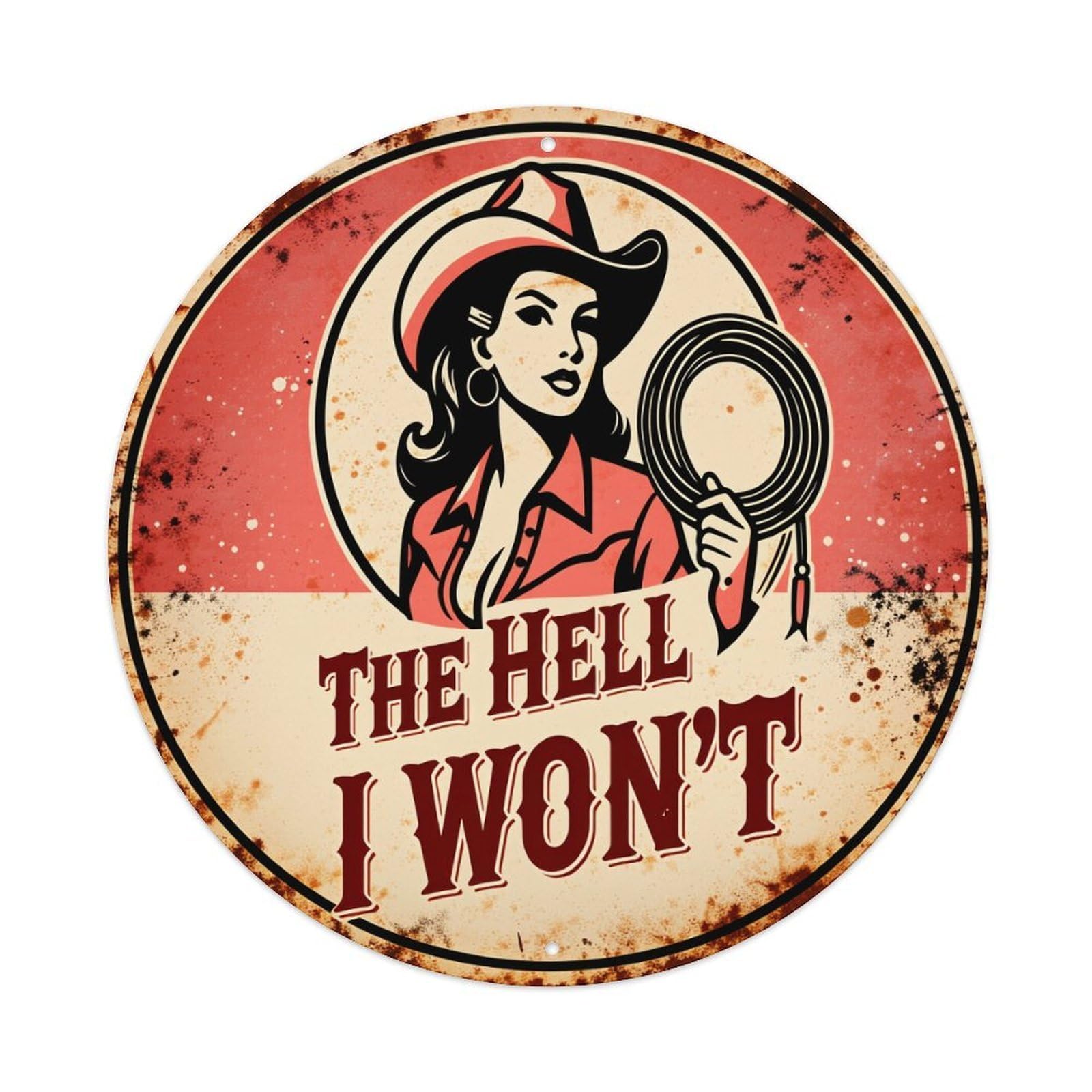 Lzwbntey Vintage Cowgirl Holding Lasso Retro Style Design Metal Tin Sign Retro Wall Decor For Home Bar Garage Cafe, Indoor & Outdoor Decorative，Circle Metal Poster, 8X8 Inch