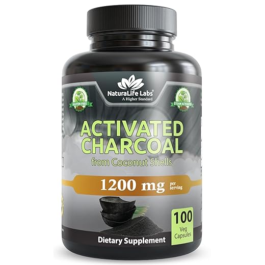 Activated Charcoal Capsules - 1,200 mg Highly Absorbent Helps Alleviate Gas & Bloating Promotes Natural detoxification Derived from Coconut Shells - per Serving - 100 Vegan Capsules