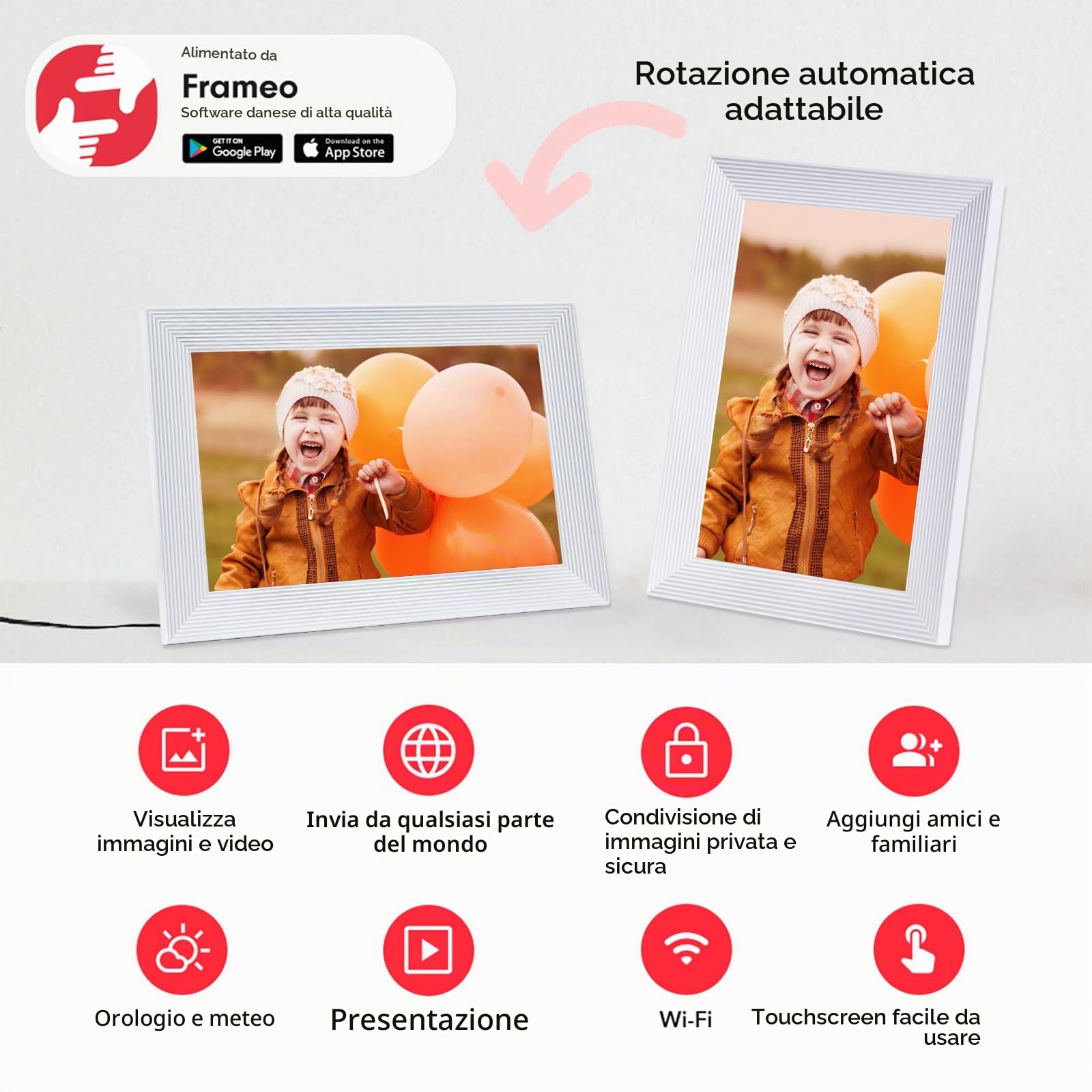 Frameo - Cornice per foto digitale WiFi da 10,1 pollici, con memoria da 32 GB e slot SD, cornice elettronica IPS touch screen con rotazione automatica, regalo per mamma, riscaldamento della casa