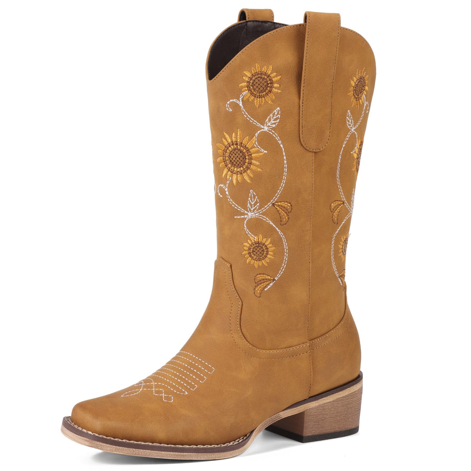 Bybmorto Cowboy Boots for Women - Mid Calf Western Sunflower Cowgirl Boots with Floral Embroidery, Square Toe Stitched Pull On Retro Design, Perfect