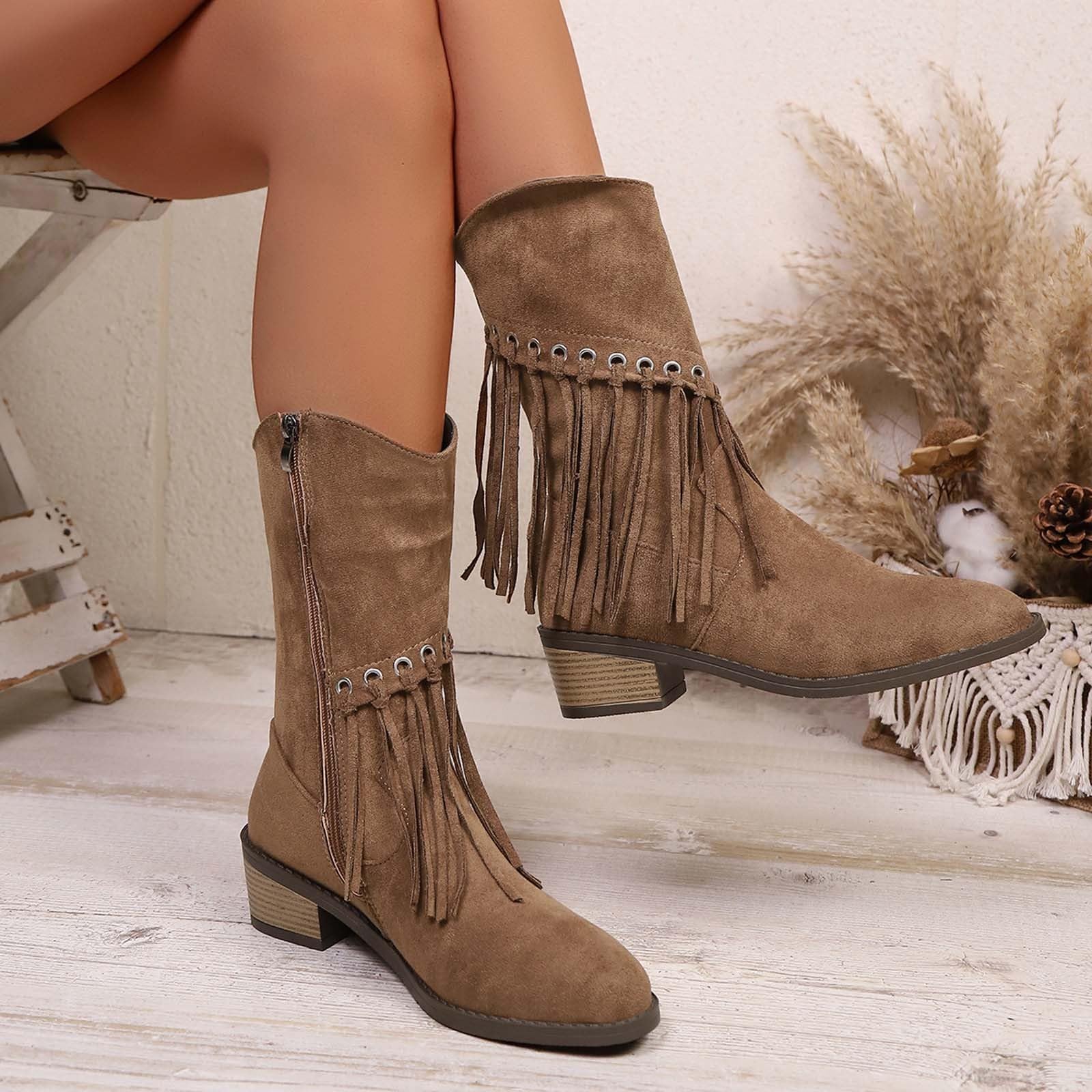 Botas por Encima de la Rodilla Botas de Media caña con Cremallera Lateral y Flecos: Botines Estilo Western para Uso Diario.
