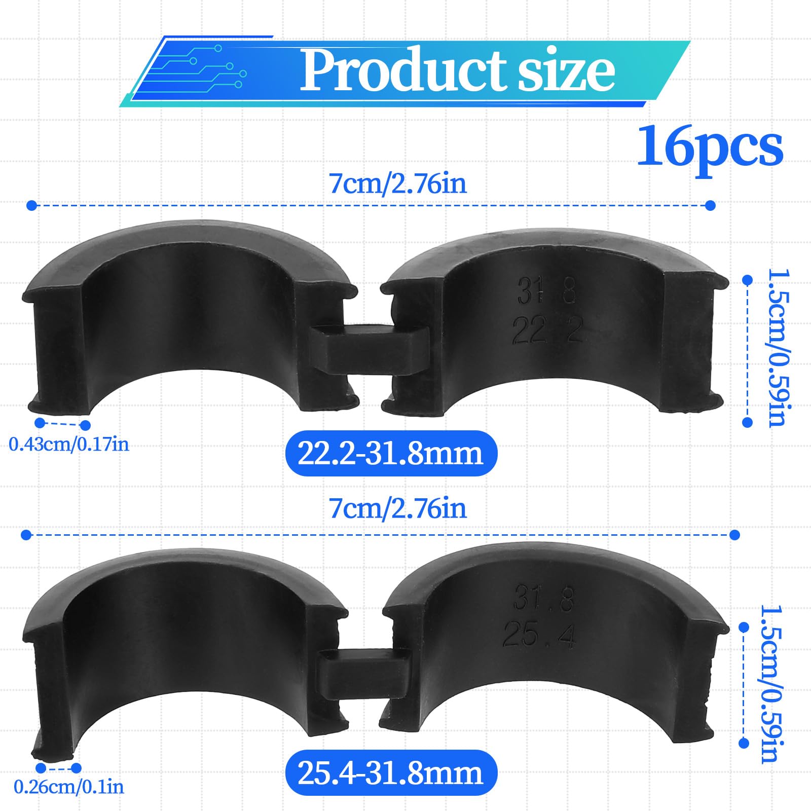 salbsever 16 Pcs Bicycle Handlebar Rubber Gasket Bike Handlebar Extender Handlebar Stem Shim Spacer Adapters Non-Slip Handlebar Adapter 22.2/25.4 mm to 31.8 mm Bike for Road Mountain Bikes - Image 2