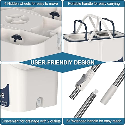 Miniatura 5 de Juego de trapeador y cubo con escurridor para el hogar, trapeador giratorio y cubo que separa el agua sucia y limpia, cubo de fregona de 4 cámaras,