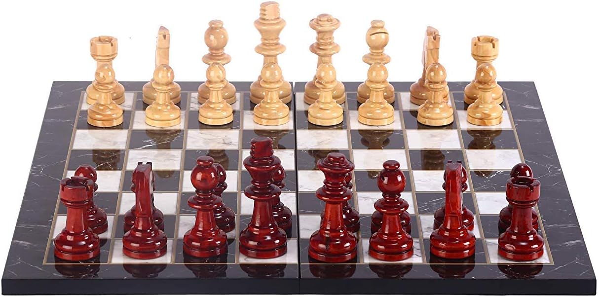 Boxwood Staunton Chess Set for Adults, Handmade Pieces and Marble Design Wood Chess Board King 3.5 inc