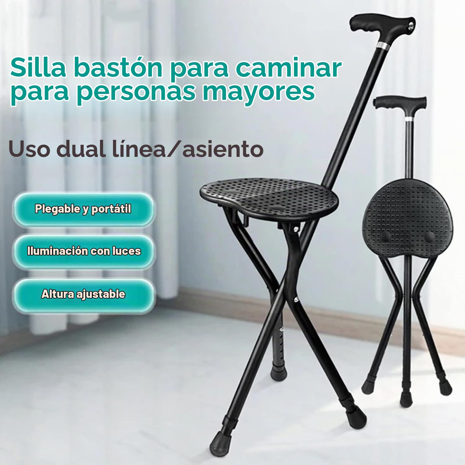 Baston Silla Plegable,Bastón con Asiento Plegable,Bastón Robusto con 3 Patas,Capacidad De Carga De 120 Kg,Cinco Alturas Ajustables,Adecuado para Personas Mayores,Discapacitados y Tumbonas