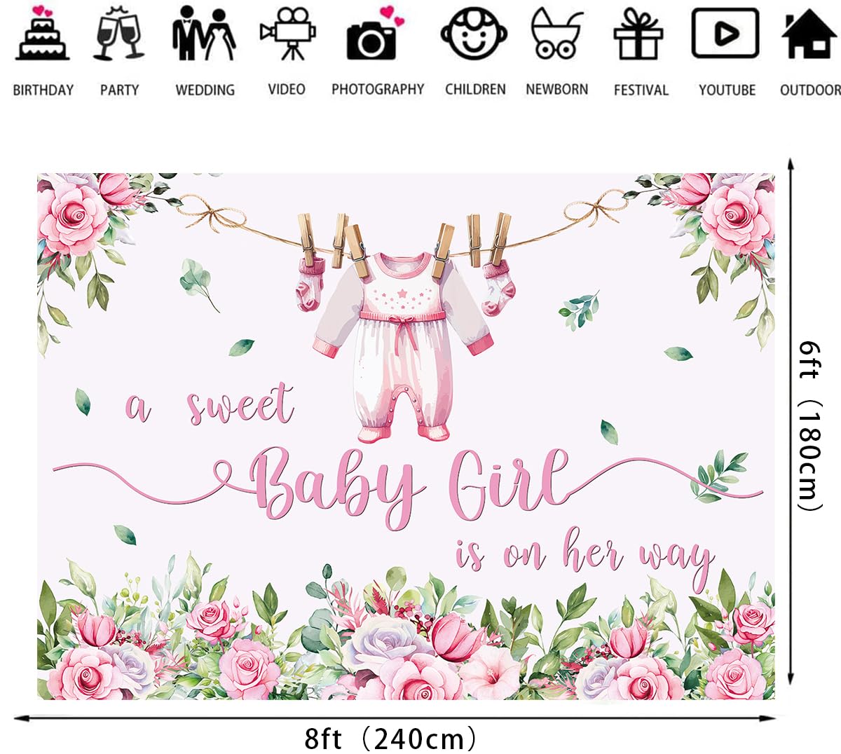 Telón de fondo rosa para baby shower de 8 x 6 pies, con texto en inglés "A Sweet Baby Girl is on Her Way", decoración de fiesta de cumpleaños para recién nacidos, fondo de fotografía para