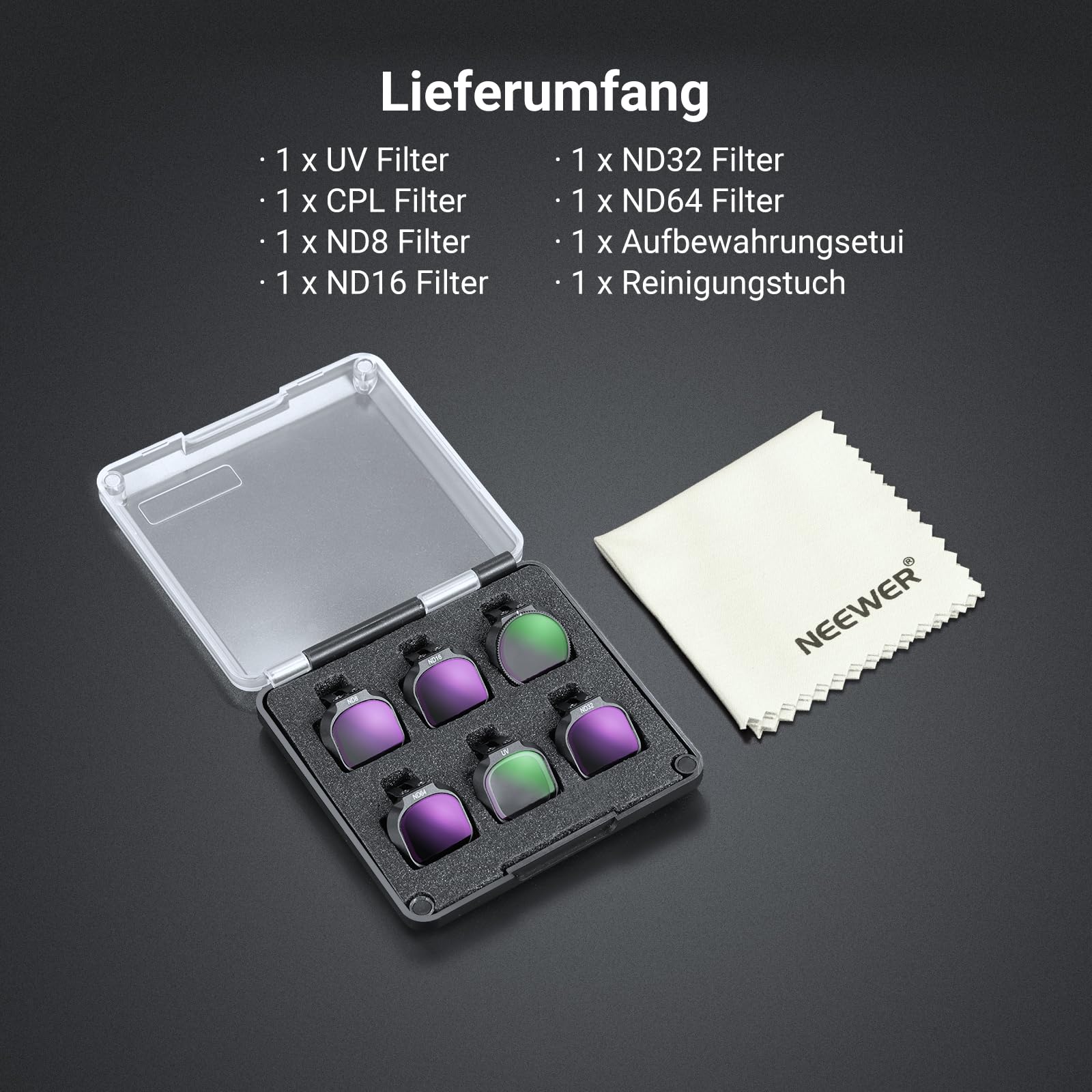 NEEWER UV + CPL + ND Filter Set kompatibel mit DJI NEO 2 nur, 6er Pack Snap On Zubehör Kit für Drohnen Kameraobjektive, Graufilter (ND8/16/32/64) zirkularer Polarisationsfilter Polfilter, FL-N71