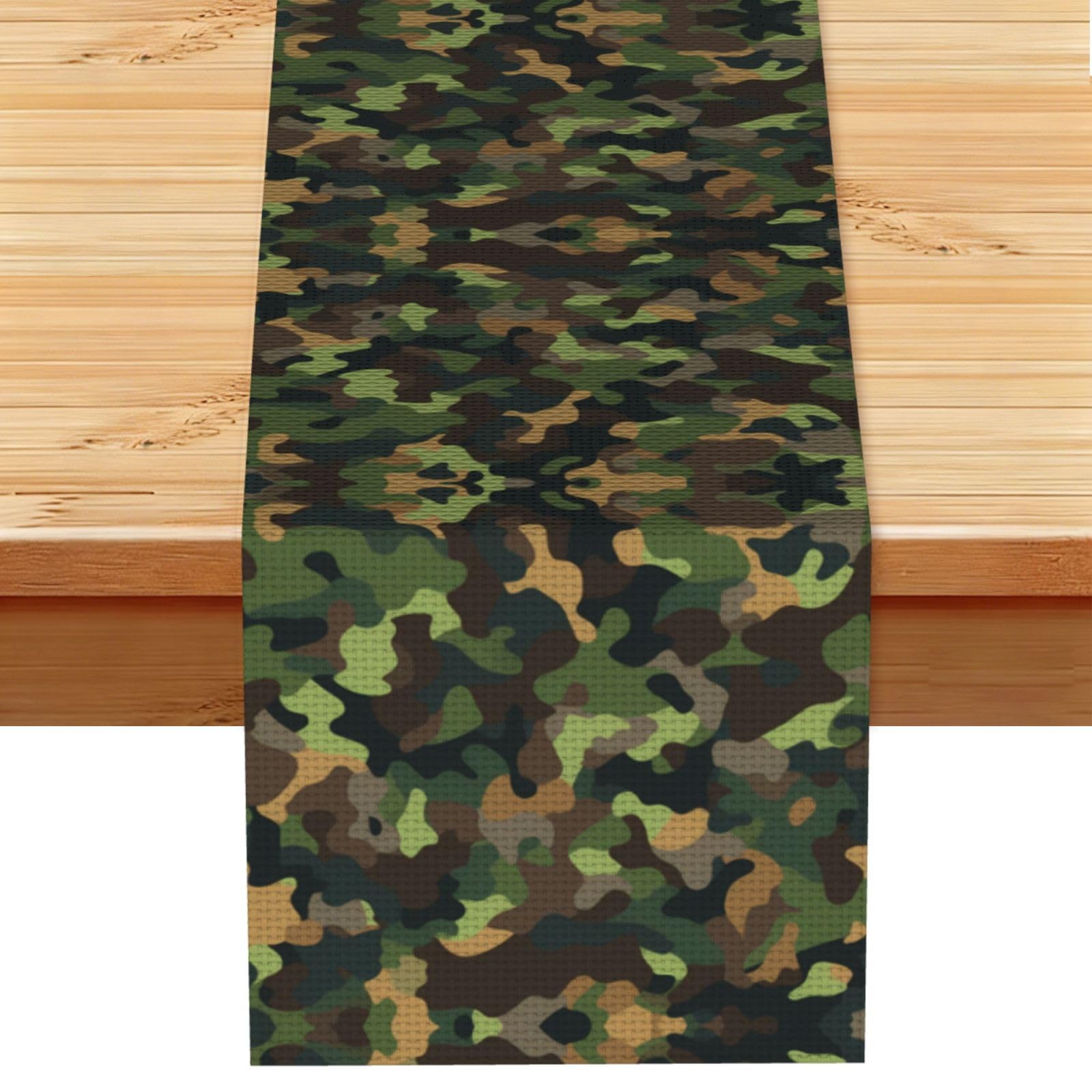 Rich Green Brown Camo Printed Table Runner 13 x 72, Wrinkle Resistant Decor for Dining Table Coffee Table Fireplace