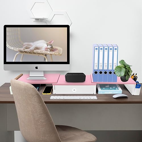 Miniatura 6 de Soporte elevador de monitor doble con cajón y pata de metal, estante de escritorio grande para 2 monitores con longitud y ángulo ajustables,