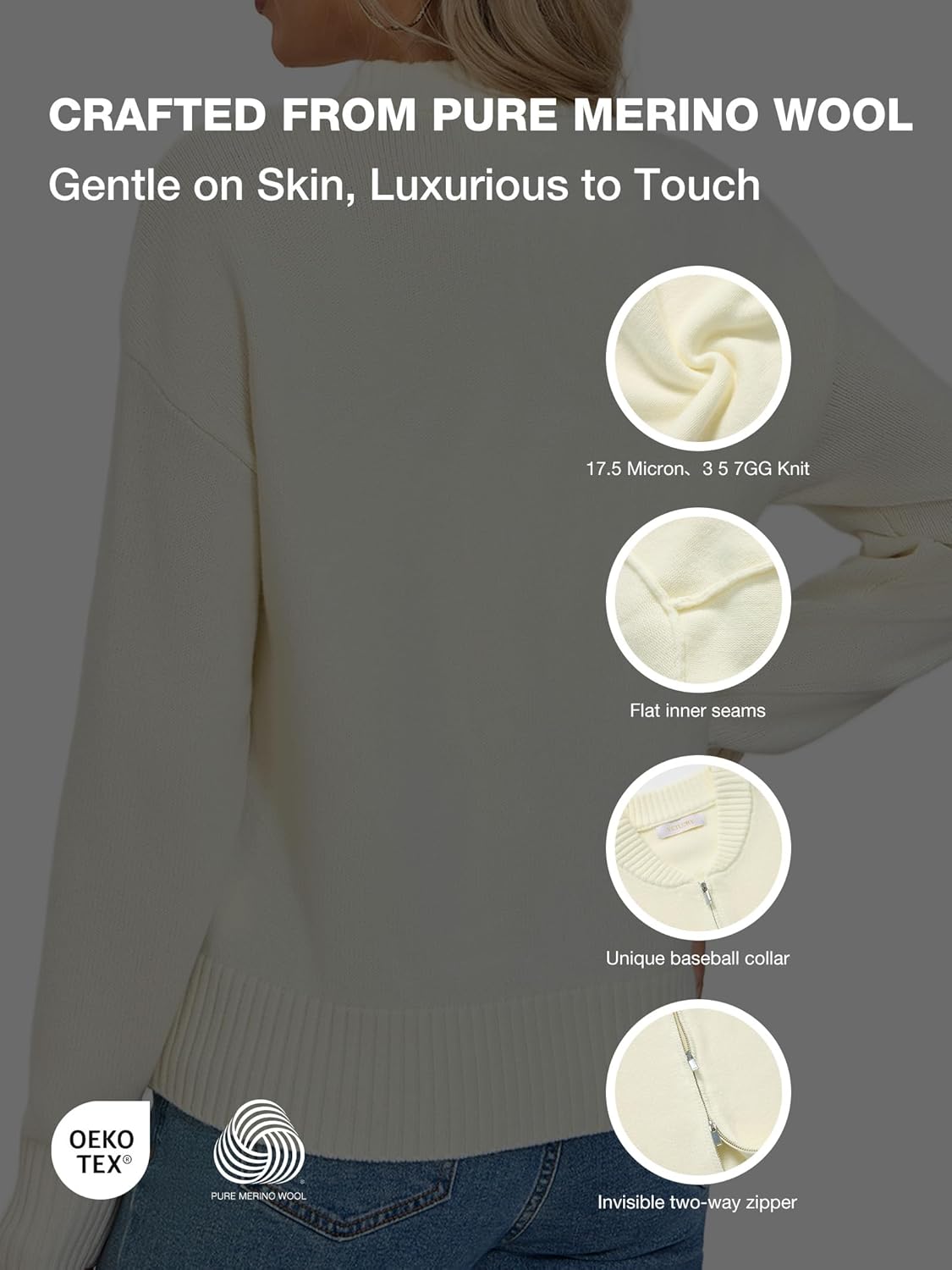 Zip Up Sweater for Women - 100% Merino Wool Cardigan 2-Way Hidden Zipper Warm Winter Knit Jacket with Baseball Collar - Image 3