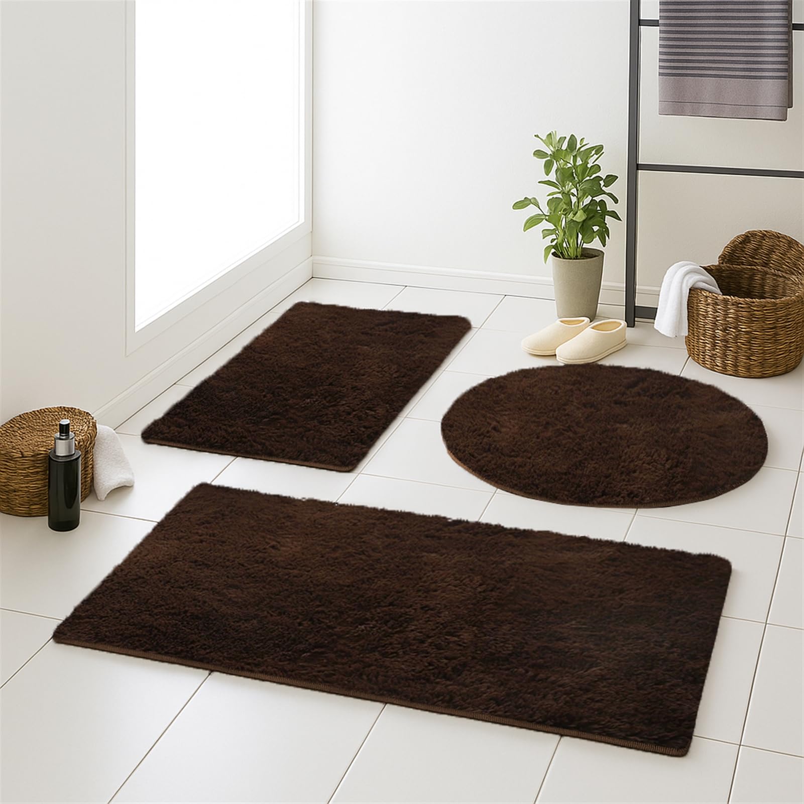 Tapis de bain antidérapant 60x120cm marron foncé shaggy pour douche
