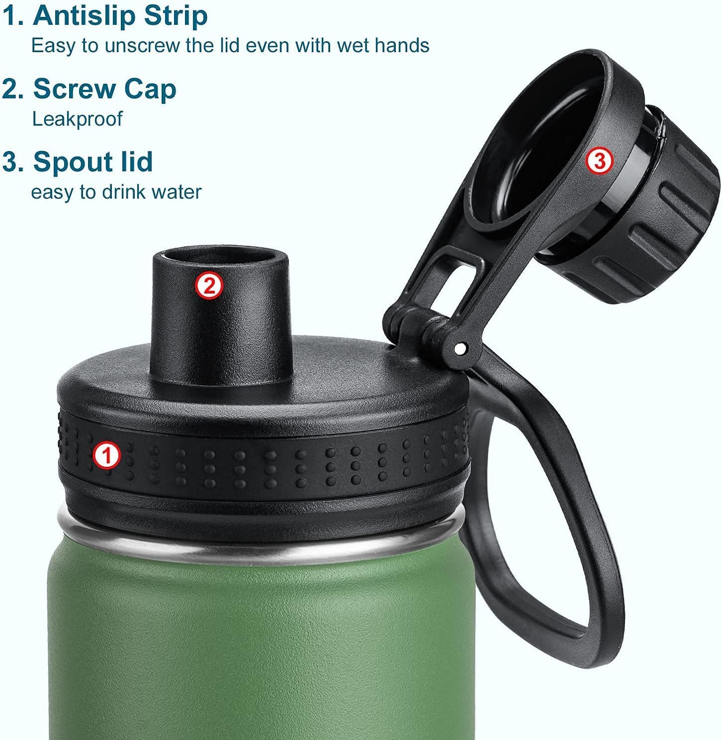 koodee 16 oz Water Bottle Stainless Steel Double Wall Vacuum Insulated Wide Mouth Water Bottle with Leakproof Spout Lid-Reusable Metal WaterFlask BPA Free (Grass Green) - Image 6