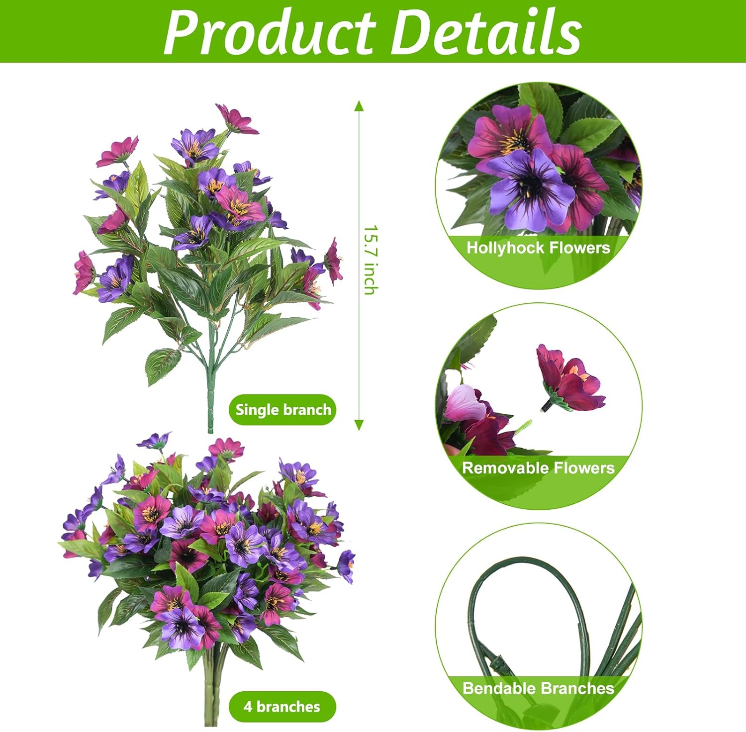 Hrobek Fake Artificial Flowers for Outdoors Decoration,4 Bundles Silk Faux Spring Flowers with Plants Leave UV Resistant for Planter Front Door Porch Yard Patio Window Box Home Indoor Decor