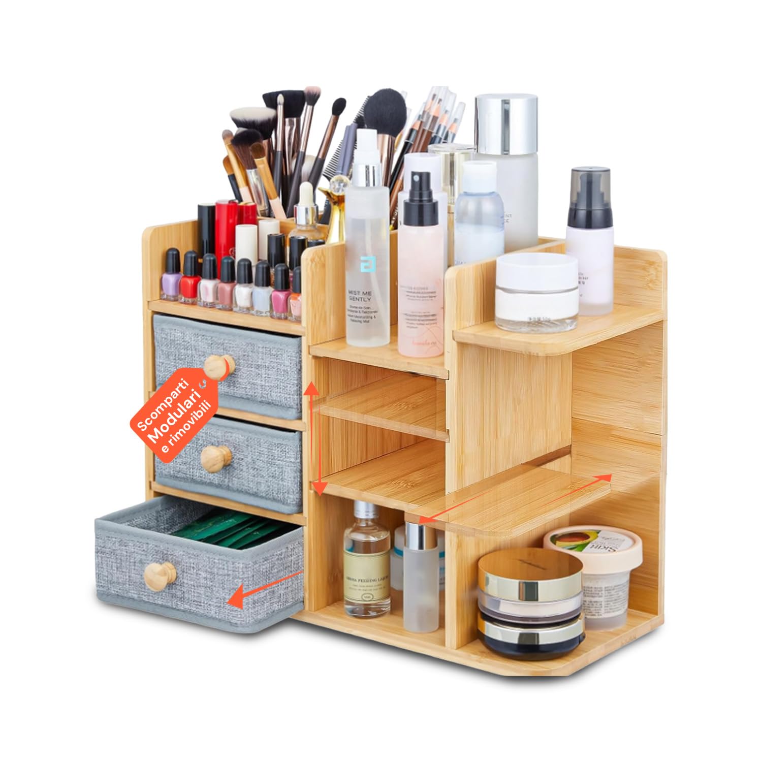 Avilia - Organizer Scrivania in Bambù Salvaspazio con Cassetti e Ripiani Regolabili Impermeabili, Organizzatore Scrivania Multiuso per Ufficio e Bagno, con Struttura Compatta e Design Moderno