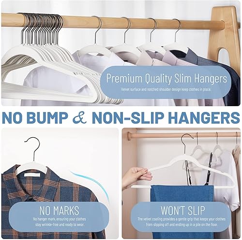 Miniatura 3 de HOUSE DAY Paquete de 60 perchas de terciopelo blanco, colgador de fieltro antideslizante, perchas de terciopelo delgadas para trajes, camisas,