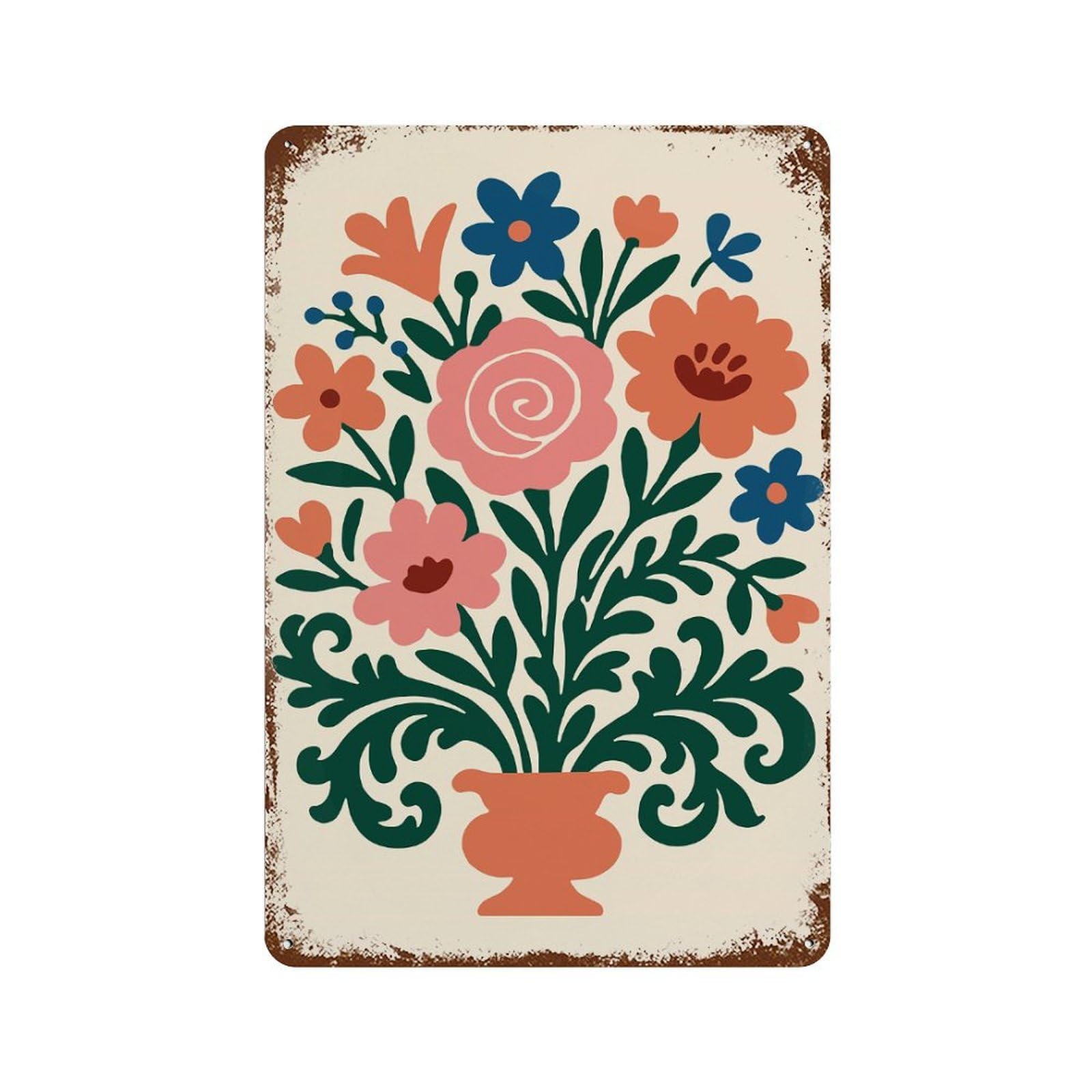 Floral Bouquet in Vase Illustration Retro Metal Sign 11.8"x7.9", Shabby Chic Decor for Bistro, Counter And Cafe Decor