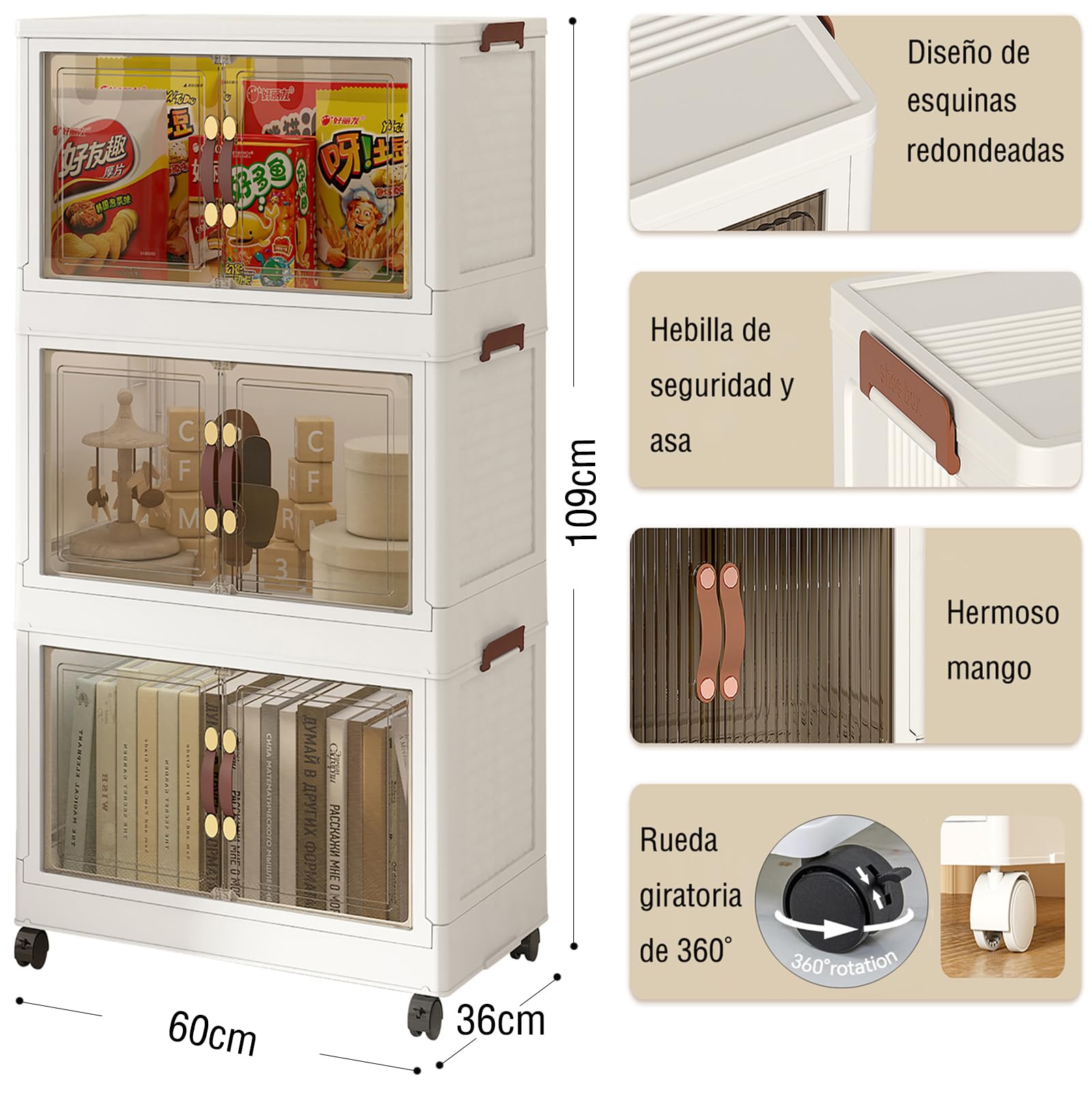 Armario Organizador Plegable | Caja de Almacenaje, Contenedor de Plástico, Caja de Almacenamiento Plegable para Calzado, Ropa, Juguetes y Libros (60cm x 3 Pisos)