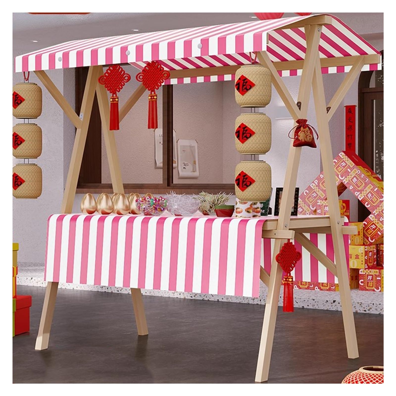 ZHANGGL Foldable Food Cart - Commercial Wooden Stall with Canopy & Tablecloth for Farmers Markets, Beaches, Street Vendors - Ideal for Ice Cream, Hot Dogs, Coffee, Candy, Cakes,