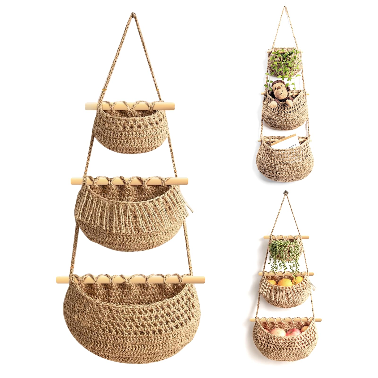 Wall Hanging Storage Baskets - Cotton Rope Storage Organisers - Boho Wall Decor for Kitchen, Living Room and Bedroom