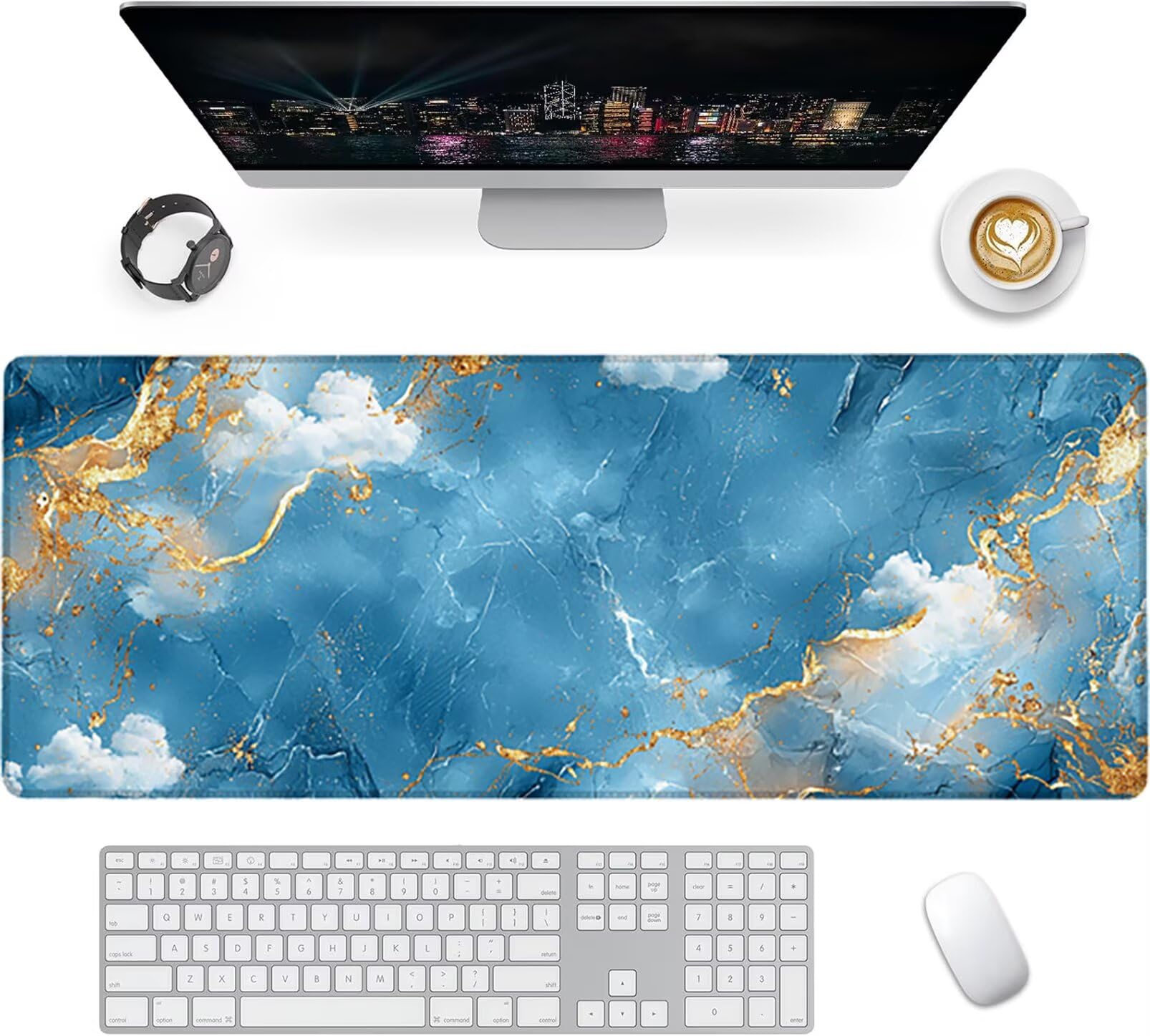 Lpfieonn Marmormuster Großes Schreibtischunterlage, XXL Schreibtischunterlagen, Blau XXL Wasserdicht Gaming Mousepad mit Vernähter Rand und Rutschfeste Gummibasis, für Hause/Büro 120x60cm PF-2451