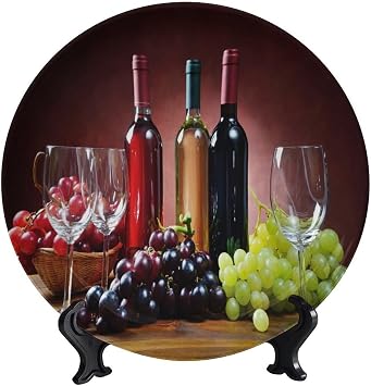 Decorative Plate Stand, 10 Inch, Variety of Wines and Grapes Round Display Plate, Handmade Ceramic Ornament, for Wall Hanging Living Room Bathroom Decor Gift