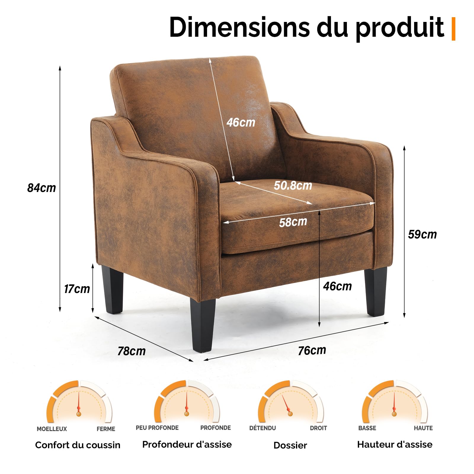 Bonnlo Fauteuil Élégant, Canapé 1 Place Moderne du Milieu du Siècle, Chaise de Lecture Confortable avec Accoudoirs Incurvés, Canapé Rembourré en Chenille, pour Salon, Chambre (1, Marron Vintage)