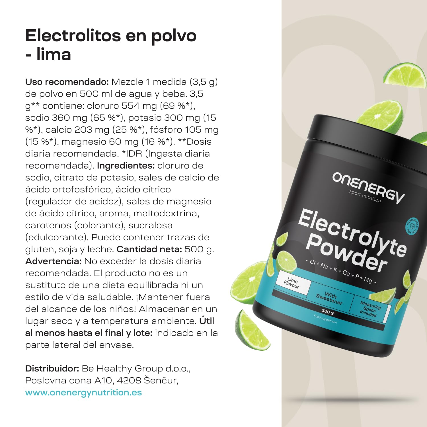 Electrolitos en polvo - Lima - 500 g - 142 dosis - Mezcla de 6 minerales - Hidratación - Apoyo muscular y nervioso - Con cuchara dosificadora - Para casi 5 meses