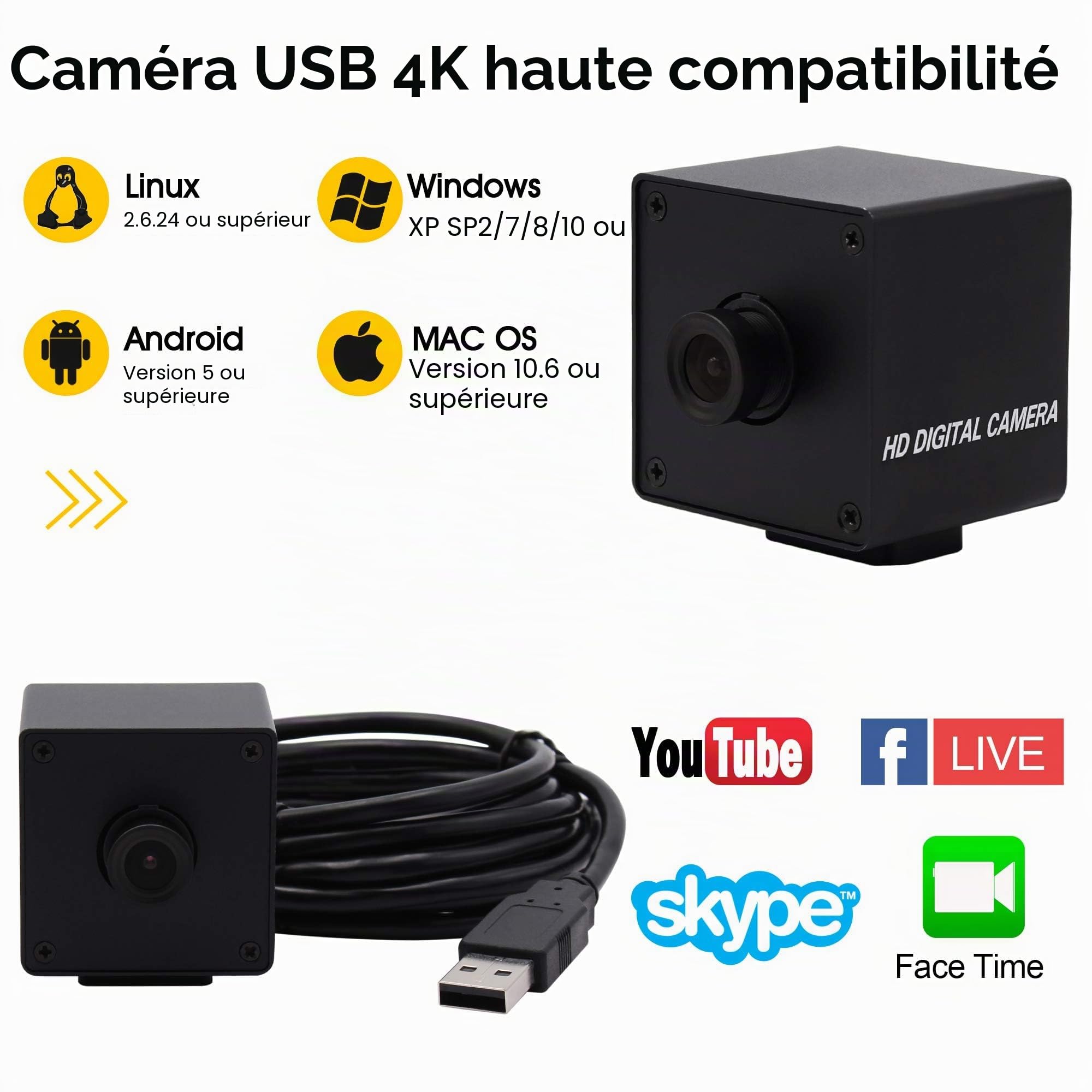 ELP Caméra 5 MP avec Obturateur Global 50 FPS, Swing de Golf Haute Vitesse, Webcam USB avec Objectif Couleur Grand Angle Sans Distorsion pour Machines Industrielles Ralenties