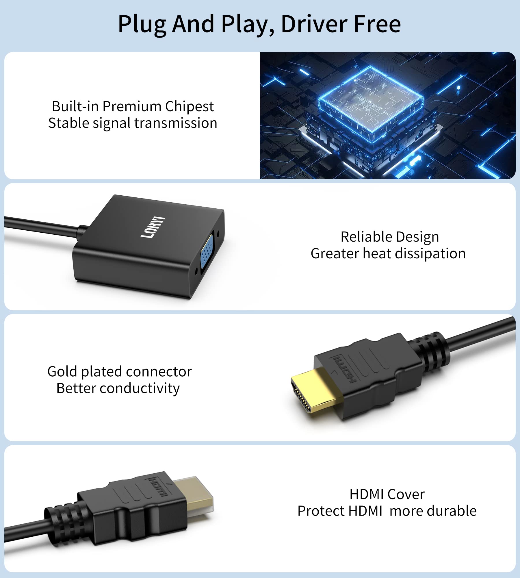 Adattatore HDMI a VGA, adattatore HDMI maschio a VGA femmina 1080P@60Hz, compatibile per computer, desktop, laptop, PC, monitor, proiettore, HDTV, Chromebook